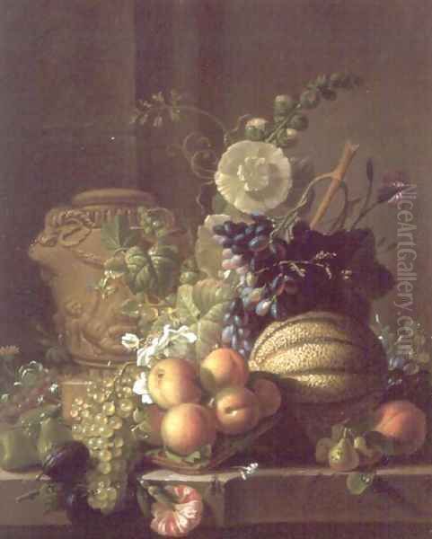 A Still Life of a Melon, Peaches, Figs, Plums, Grapes and Other Fruit on a Marble Ledge Oil Painting by Jean-Louis Prevost