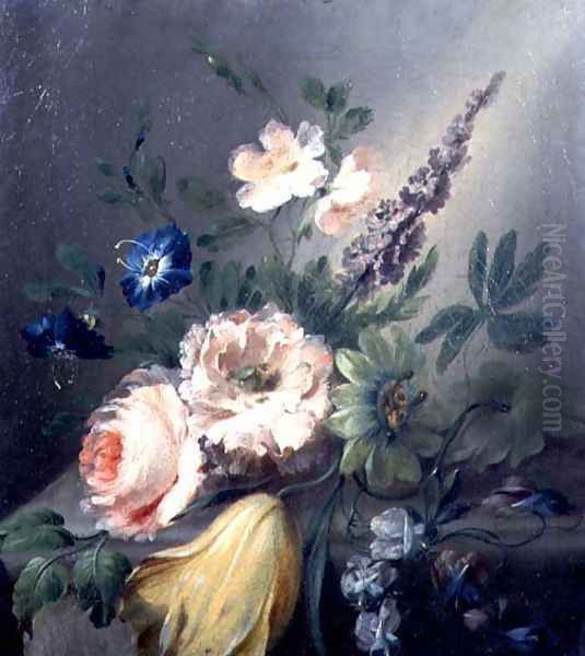 Still life of roses, passion flowers, a tulip and other flowers on a stone ledge Oil Painting by Jean-Louis Prevost