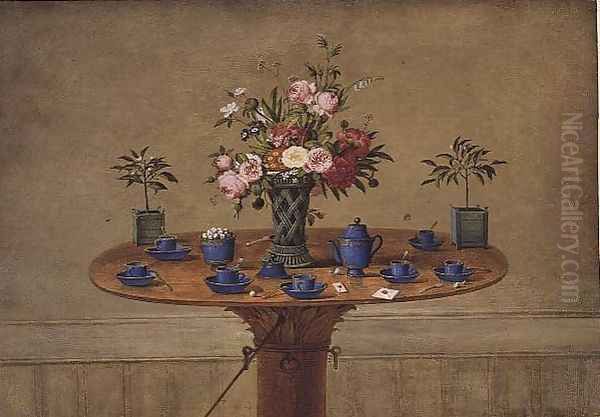 Still life with a vase of flowers and a tea service, 1810 Oil Painting by Jean-Louis Prevost