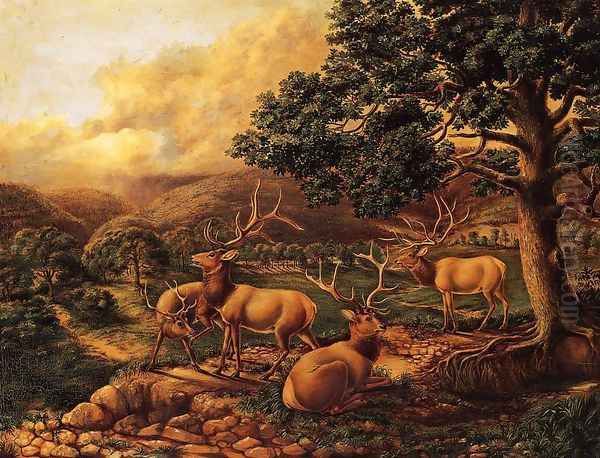 Four Elk Oil Painting by Titian Ramsay Peale