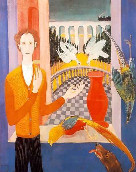 The Golden Age- Self-portrait with Pigeons 1931 Oil Painting by Jeno Paizs Goebel