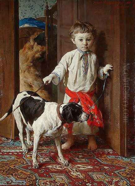 Artist's Son with a Dog Oil Painting by Witold Pruszkowski