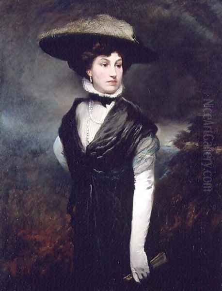 Portrait of a lady wearing a feathered hat and holding a fan Oil Painting by Glyn Warren Philpot