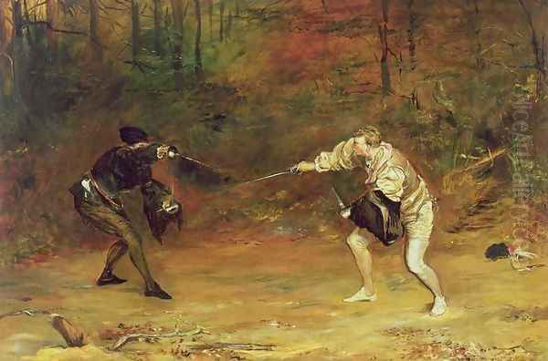 To the Death A Sword and Dagger Fight with one Hand Beats Cold Death Aside, and with the other Sends it Back Oil Painting by John Pettie