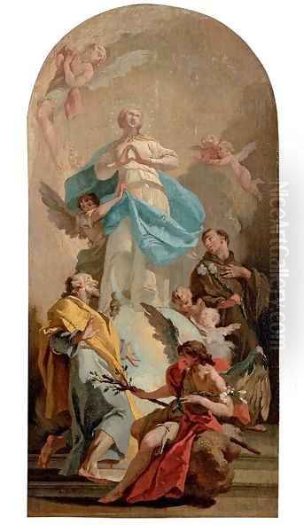 The Immaculate Conception with Saints Joseph and Anthony, in a painted arched top Oil Painting by Giovanni Battista Pittoni the younger