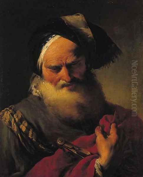 An astronomer in oriental robes, a caliper in his right hand Oil Painting by Giovanni Battista Pittoni the younger