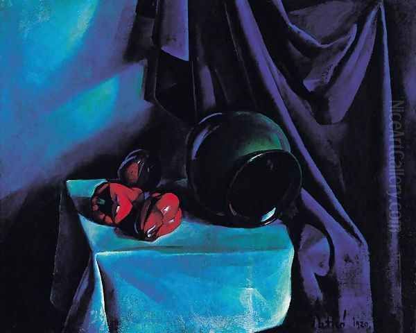 Still Life with a Jug Still Life with Blue Drapery 1920 Oil Painting by Karoly Patko