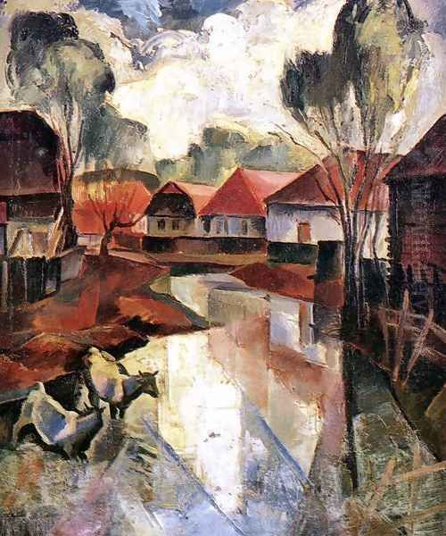 Village in Hungary c. 1925 Oil Painting by Karoly Patko