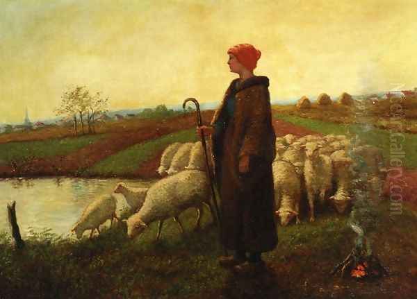 A Shepherdess with her Flock Oil Painting by Aime Perret