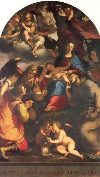 Madonna and Child with Saints and the Archangel Raphael Oil Painting by Giovanni Battista Paggi