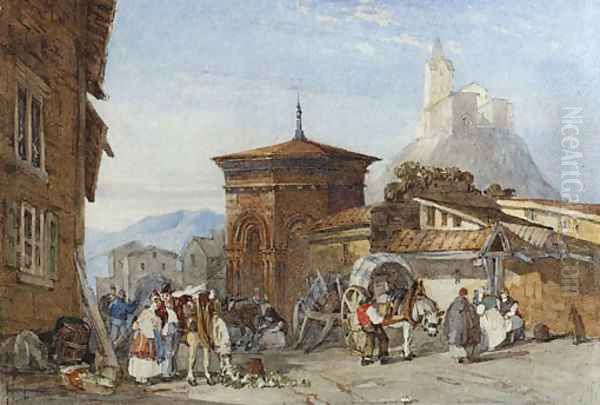 Figures in the street, Le Puy, Clermont-Ferrand, France Oil Painting by William Henry Pyne