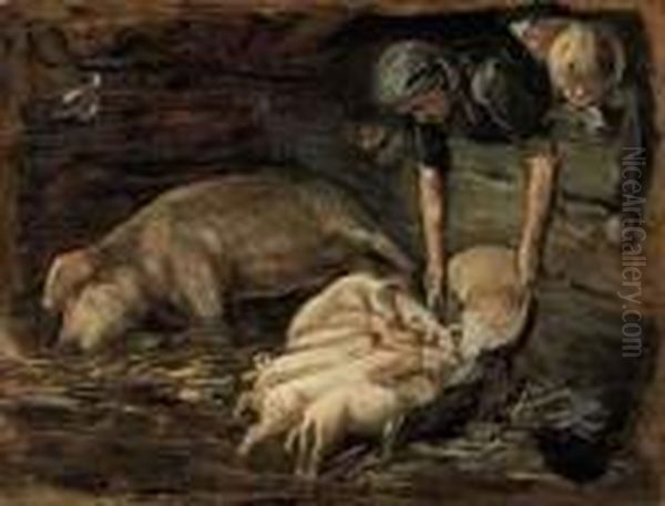 Schweinekoben, Wochenstube Oil Painting by Max Liebermann