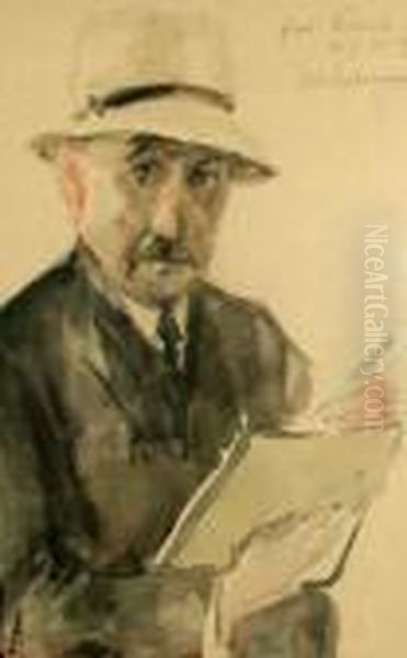 Self-portrait Of The Artist Holding A Sketchingbook Oil Painting by Max Liebermann