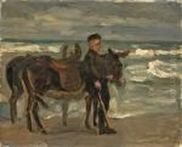 Junge Mit Zwei Reiteseln Am Meer Oil Painting by Max Liebermann