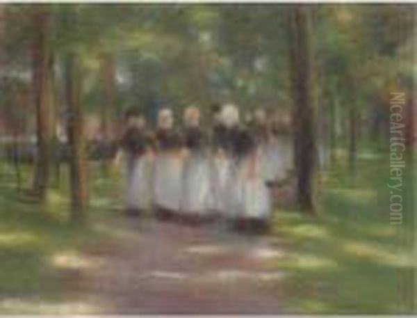 Sonntagnachmittag In Laren - 
Allee Mit Madchen (sunday Afternoon In Laren - Alley With Girls) Oil Painting by Max Liebermann