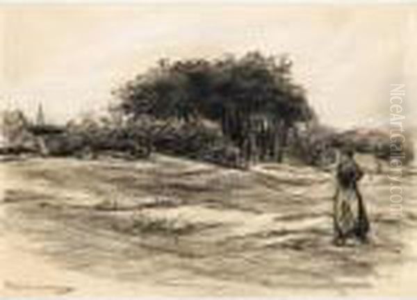 A Peasant Woman In A Field, With Trees Behind Oil Painting by Max Liebermann