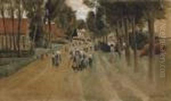 Dorfstrasse Mit Kindern In Zweeloo - A Village Street With Children In Zweeloo Oil Painting by Max Liebermann