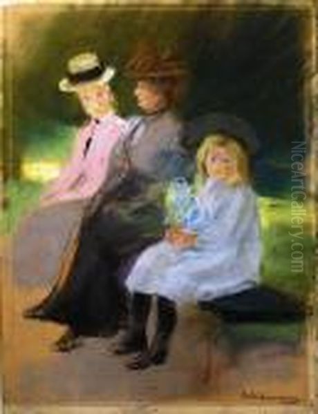 Dame Und Zwei Madchen Auf Einer Parkbank Oil Painting by Max Liebermann