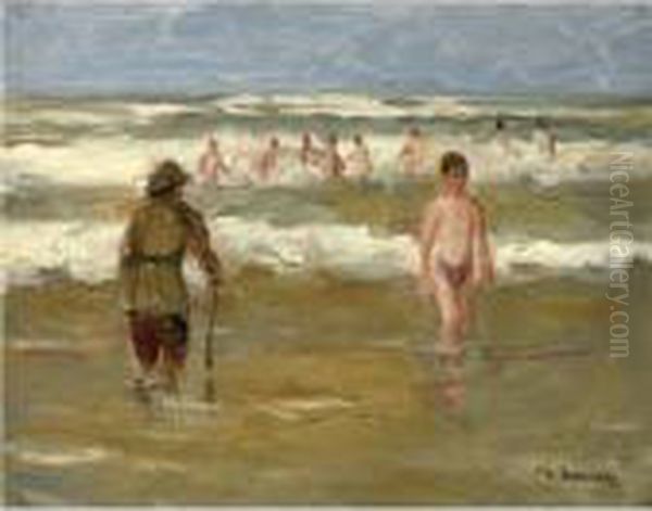 Property From The Buhler-brockhaus Collection
 

 
 
 

 
 Badende Knaben Mit Strandwachter (boys Bathing With Beach Warden) Oil Painting by Max Liebermann