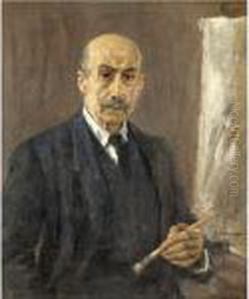 Selbstbildnis Im Anzug Neben Der
 Staffelei (self-portrait Wearing A Suit Standing Next To The Easel) Oil Painting by Max Liebermann