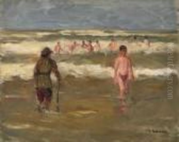 Badende Knaben, Links Ein Strandwachter Oil Painting by Max Liebermann