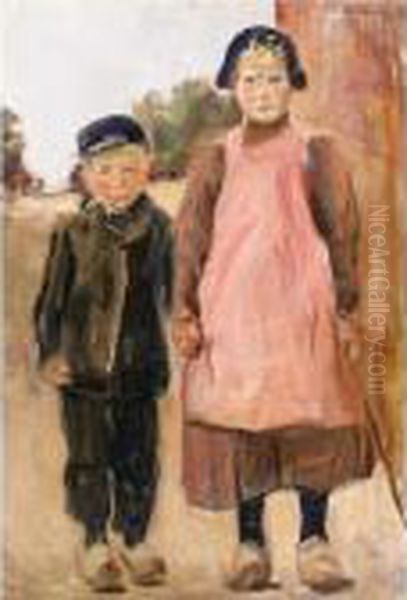 Junge Und Madchen Auf Der Dorfstrasse (boy And Girl On The Village Road) Oil Painting by Max Liebermann