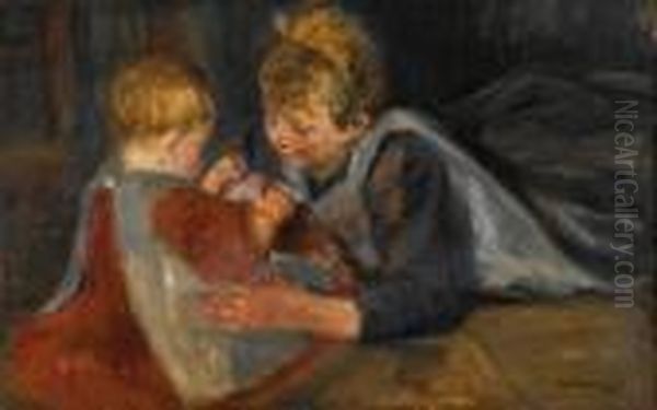 Spielende Kinder - Interieur Mit Zwei Kleinen Madchen Oil Painting by Max Liebermann