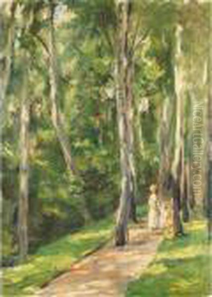 Die Birkenallee Im Wannseegarten
 Nach Westen (alley Of Birches In The Wannsee Garden To The West) Oil Painting by Max Liebermann