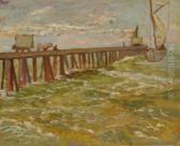 A Pier Off The Coast Of Viareggio Oil Painting by Ulvi Liegi