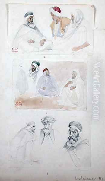 Sketches of Algerian Men at Mostaganem, from Vues et Portrait Faits Pendant la Campagne de Mai 1840, 1840 Oil Painting by Felix Philippoteaux