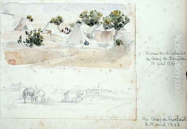 Indigenous Camp at Douera, 24th April 1840 and the Camp at Boufarik, 25th April 1840, from Vues et Portraits Faits Pendant la Campagne de Mai 1840 184 Oil Painting by Felix Philippoteaux