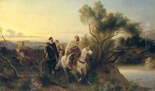 Arab horsemen fording a stream Oil Painting by Felix Philippoteaux