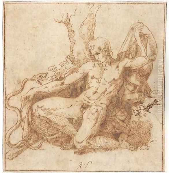 Hercules kneeling before a snake Oil Painting by Giovanni Francesco Penni