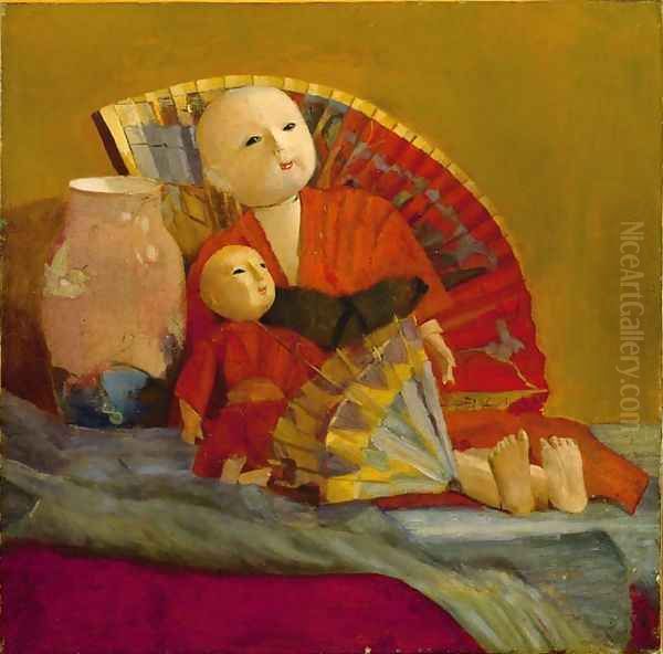 Japanese Dolls and Fan Oil Painting by Paul Peel