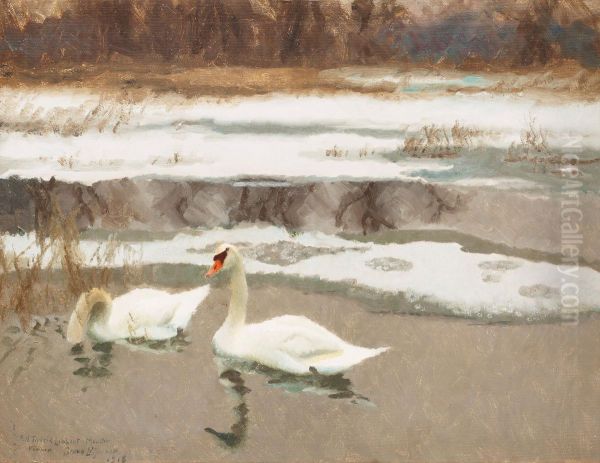 Swans Oil Painting by Bruno Andreas Liljefors