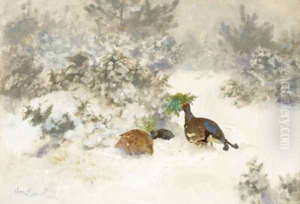 Winter Landscape With Black Grouse And Grey Hen Oil Painting by Bruno Andreas Liljefors