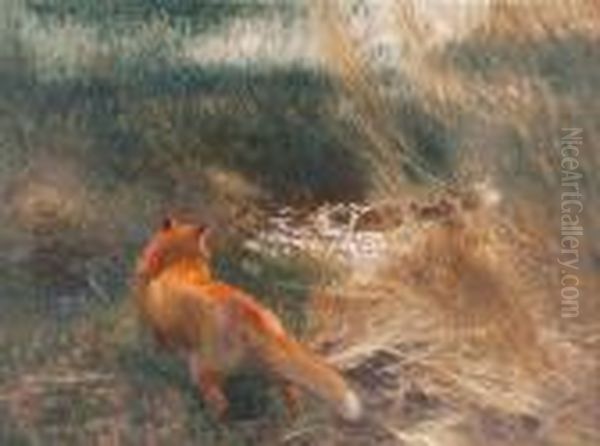 Fox Stalking Mallards Oil Painting by Bruno Andreas Liljefors