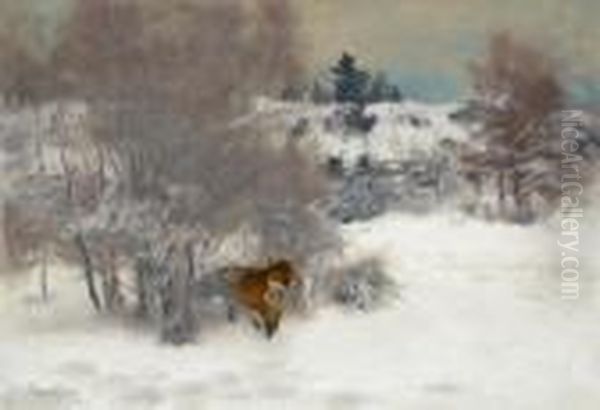 Foxin Winter Landscape Oil Painting by Bruno Andreas Liljefors