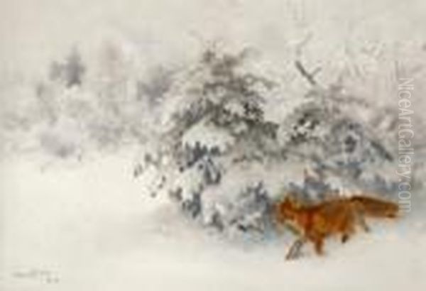 Foxin A Winter Landscape Oil Painting by Bruno Andreas Liljefors