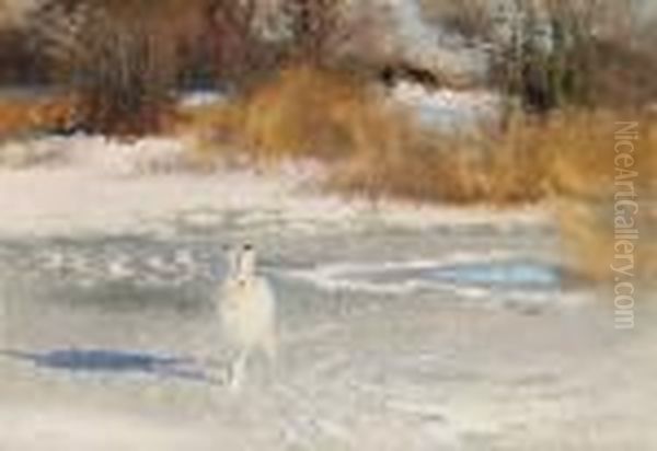 Winter Landscape With Hare And Hounds Oil Painting by Bruno Andreas Liljefors