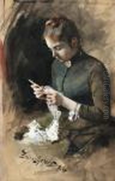 Anna Liljefors Crocheting Oil Painting by Bruno Andreas Liljefors