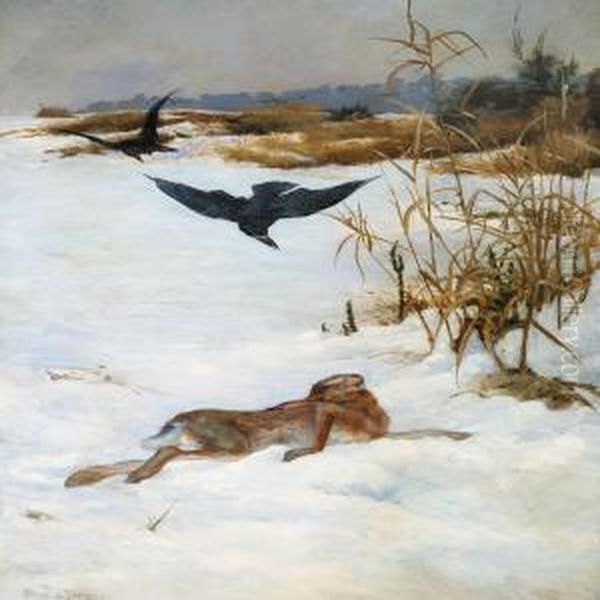 Raven And Hare In A Winter Landscape Oil Painting by Bruno Andreas Liljefors