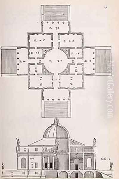 Plan and cross section of Villa Rotunda, illustration from a facsimile copy of I Quattro Libri dellArchitettura written by Palladio, originally published 1570 Oil Painting by Andrea Palladio