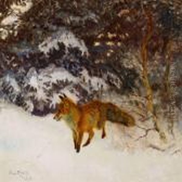 A Fox In The Woods On A Winter Day Oil Painting by Bruno Andreas Liljefors