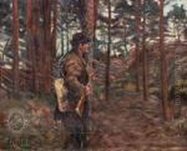 Woodsinside In Fall With A Huntsman Oil Painting by Bruno Andreas Liljefors