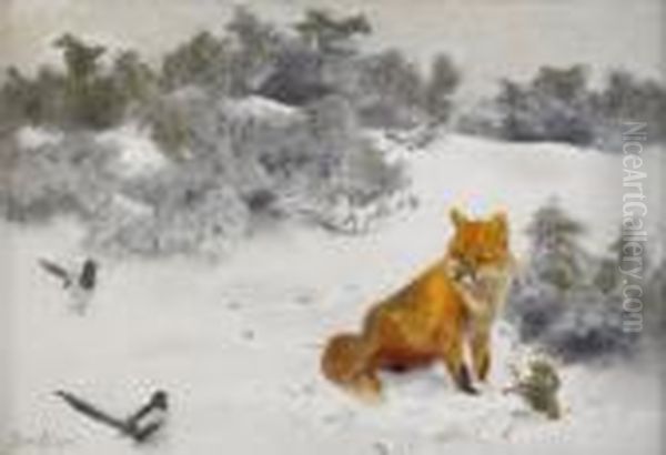 Fox In Winterl Andscape Oil Painting by Bruno Andreas Liljefors