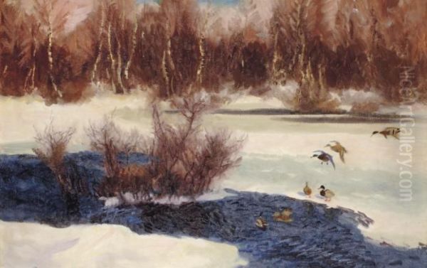 Grasander Vid Fruset Vattendrag (wild Ducks By Frozen Water) Oil Painting by Bruno Andreas Liljefors