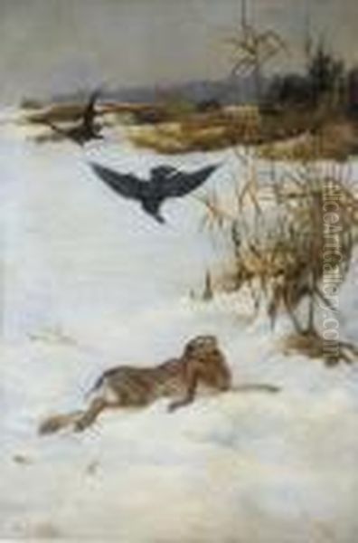 Korpar Och Hare I Vinterlandskap (raven And A Hare In A Winterlandscape) Oil Painting by Bruno Andreas Liljefors