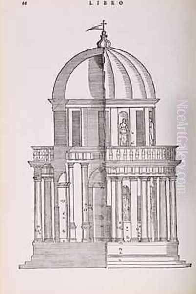 Elevation and Cross Section of the Temple of Jupiter Stator, illustration from a facsimile copy of I Quattro Libri dellArchitettura written by Palladio, originally published 1570 Oil Painting by Andrea Palladio