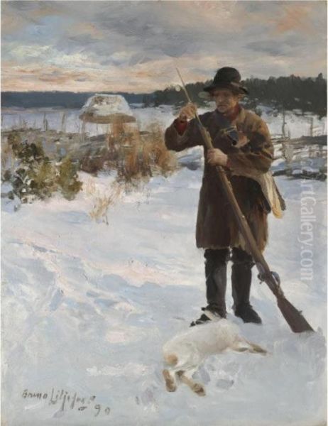 Vardshusarn, Allmogejagare I 
Snolandskap (vardshusarn, Peasant Hunter In Winter Landscape) Oil Painting by Bruno Andreas Liljefors